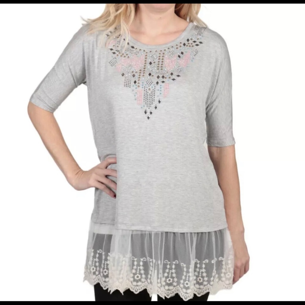 Petrol Womens Flounce Lace Rhinestone Country Bling Top Size Med
